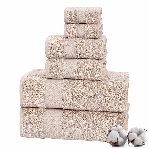 TEXTILOM 100zz Turkish Cotton 6 Pcs Bath Towel Set, Luxury Bath Towels for Bathroom, Soft & Absorbent Bathroom Towels Set (2 Bath Towels, 2 Hand Towels, 2 Washcloths)- Beige