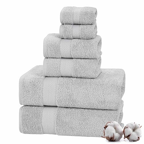 TEXTILOM 100zz Turkish Cotton 6 Pcs Bath Towel Set, Light Grey, Soft & Absorbent Bathroom Towels for Gym, Beach, Spa, Hotel, Travel