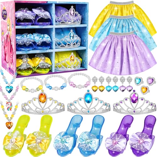 Princess Jewelry Boutique Dress Up & Elegant Shoe, Role Play Fashion Accessories of Crowns, Skirts, Necklaces, Bracelets, Rings, Gift Toys for Age 3 4 5 6 Year Old Girls Kids Toddlers Party Favors