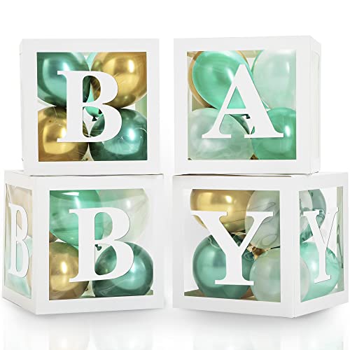 Baby Boxes with Letters for Baby Shower - Baby Shower Decorations of 44 pcs, 32 Green Gold White Balloons, 4 White Blocks, 8 Letters, Perfect Party Decor