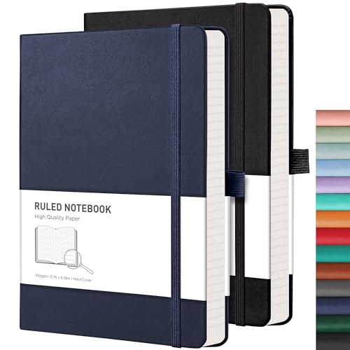 RETTACY Journaling Notebooks 2-Pack - A5 Notebooks College Ruled with 192 Numbered Pages per Pack, for Work, School, 100 GSM Acid-Free Paper, Leather Hardcover, 5.7" × 8.3" (Black & Blue)