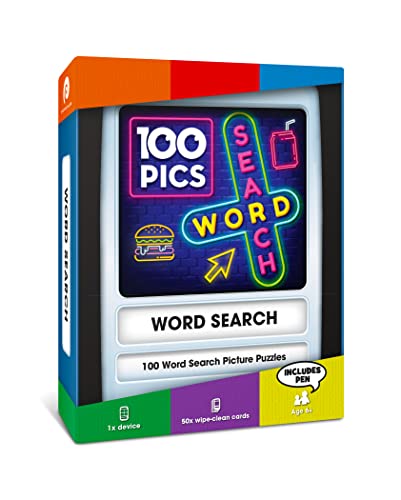 100 PICS Word Search Travel Game - 100 Puzzles with Picture Clues | 50 Wipe Clean Cards with Slide Reveal case and Pen | Activity, Gift, Stocking Stuffer | for Kids and Adults, Age 6+