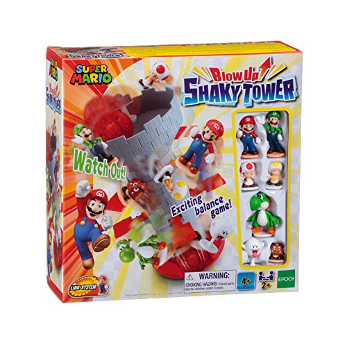 Epoch Games Super Mario Blow Up! Shaky Tower Balancing Game - Tabletop Skill and Action Game with Collectible Figures