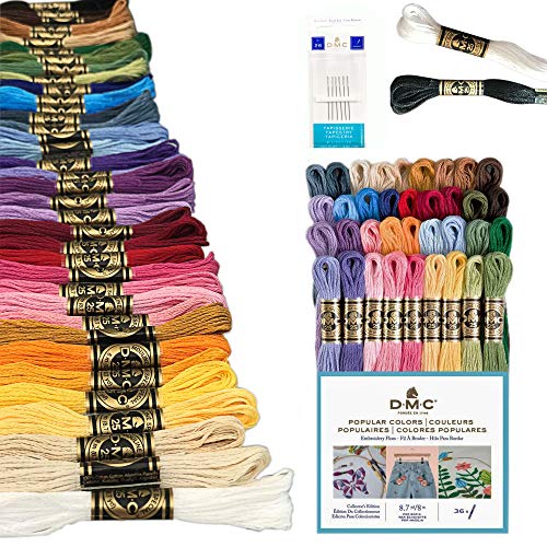 DMC Embroidery Floss Pack, Popular Colors, DMC Embroidery Thread, DMC Floss Kit Include 36 Assorted Color Bundle with DMC Mouline Cotton White_Black and DMC Cross Stitch Hand Needles.