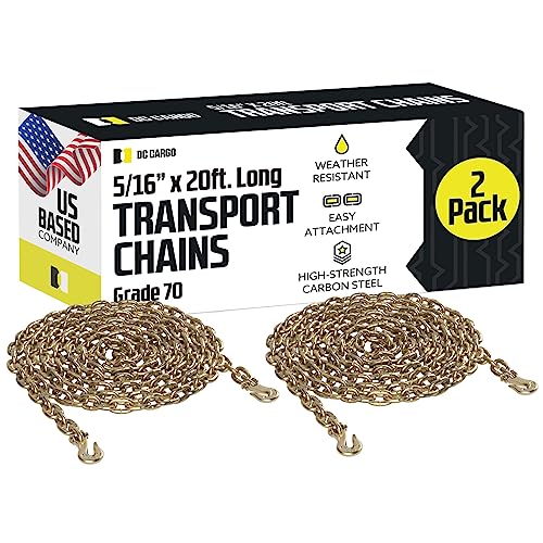 DC Cargo Tie Down Transport Chains - Heavy Duty Tow Chain with 5_16" Grade 70 Chain, Log Chain Hooks, G70 Load Binder Chain is 20 ft Long, 4,700 lbs WLL (Pack of 2)