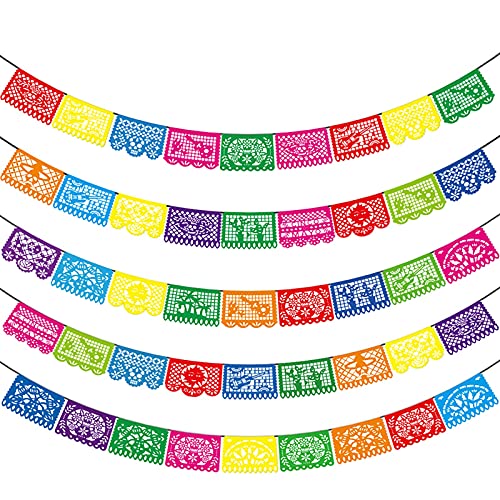 Asoulin 5 PCS Mexican Party Banners, Cinco De Mayo Mexico Decor, Fiesta Party Decoration, Easter Decor, Plastic Papel Picado, Dia De Los Muertos, Day of The Dead Decoration, 12 Patterns_90 Feet Total