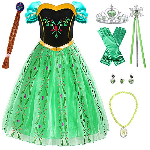 FUNPARTY Princess Dress Up for Little Girls with Wig,Crown,Mace,Gloves Accessories Age of 3-12 Years (5-6Years, Green)