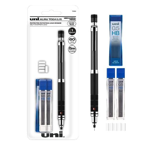 Uniball Kuru Toga Elite Mechanical Pencil Starter Kit with Gun Metal Barrel and 0.5mm Pencil Tip, 60 Lead Refills, and 5 Pencil Eraser Refills, HB #2, Office_School Supplies, Drafting