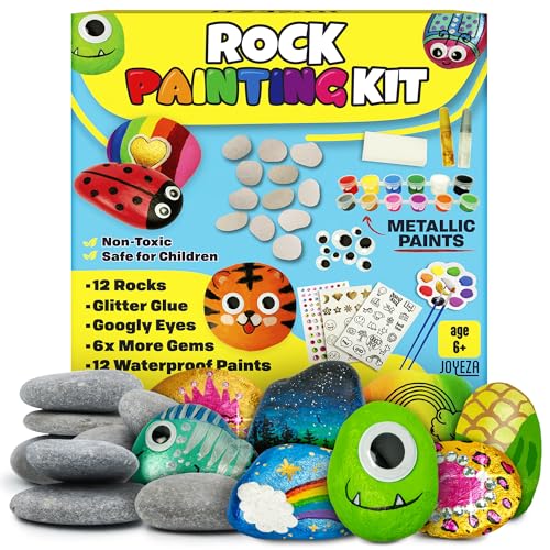 JOYEZA Rock Painting Kit Deluxe, Arts and Crafts for Girls Boys Age 6+, 12 Rocks Tween Gift Art Set, Waterproof Paints, Craft Kits Art Supplies, Kids Crafts Ages 6-8, Kids Activities 6 7 8 9 10