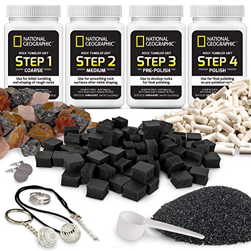 NATIONAL GEOGRAPHIC Rock Tumbler Refill Kit – Rock Tumbling Supplies including Rock Tumbler Grit and Polish Refill, Ceramic Media, GemFoam, 3 lbs Madagascar Rocks for Tumbling, Jewelry Accessories