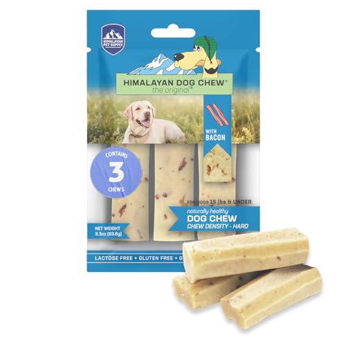 Himalayan Dog Chew Premium Yak Cheese Himalayan Dog Chews, Bacon, 3 Small Treats, 1.1 oz, Healthy Dog Treats Small Dogs, All Natural, Long Lasting Dog Chews for Puppy and Dogs Under 15 lbs