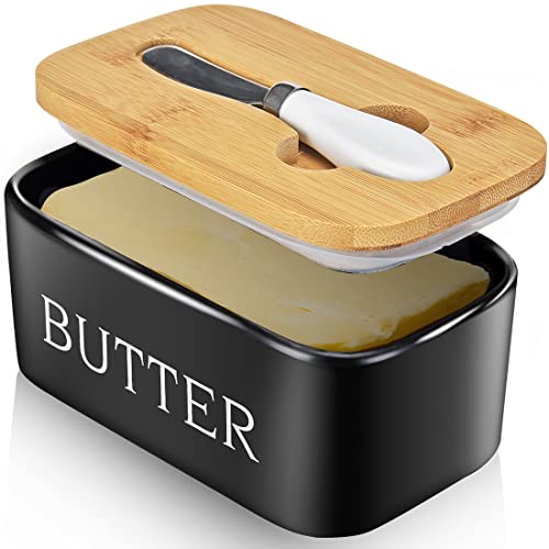 Butter Dish with Lid, Large Butter Dish for Countertop Ceramic Butter Keeper Container with Knife and High-Quality Silicone Sealing Butter Dish for Home Decor Good Kitchen Gift Black