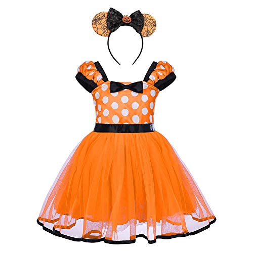 Baby Girls Polka Dots Tulle Spliced Tulle Dress Bowknot Headband Cake Smash Birthday Party Princess Pageant Tutu Skirt Fancy Cosplay Halloween Costume Orange-Pumpkin 2-3T