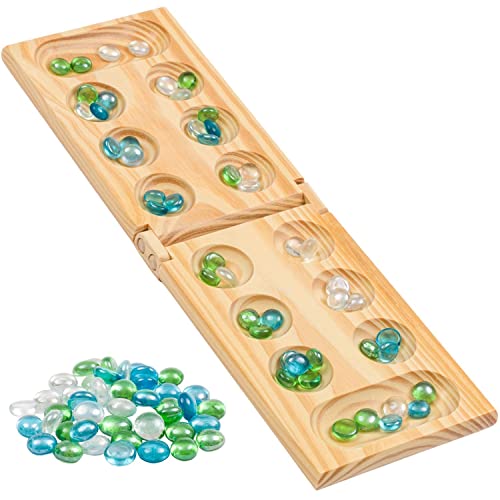 Regal Games - Wooden Mancala Game Set & Supplies - Includes Foldable Wooden Board & 48 Glass Stones - Ideal for Large Groups, Parties, Family Events - 2 Players Ages 8+