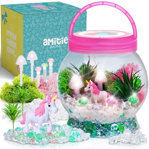 Amitié Lane Light-Up Unicorn Terrarium Kit for Kids - Birthday Gifts for Girls - Creative Unicorn Toys & Craft Kits Presents - Arts & Crafts Fun for Little Girls Age 6, 7, 8-12 Year Old Girl Gift