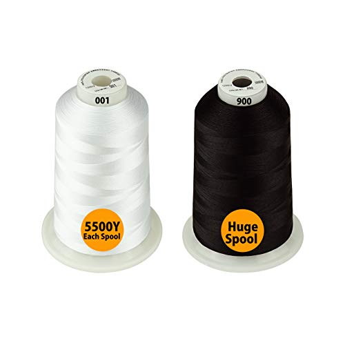 Simthread - 33 Selections - Various Assorted Color Packs of Polyester Embroidery Machine Thread Huge Spool 5500Y for All Purpose Sewing Embroidery Machines - 1White+1Black
