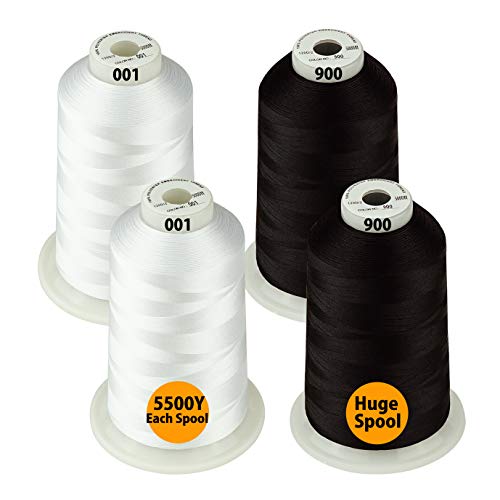 Simthread - 33 Selections - Various Assorted Color Packs of Polyester Embroidery Machine Thread Huge Spool 5500Y for All Purpose Sewing Embroidery Machines - 2White+2Black