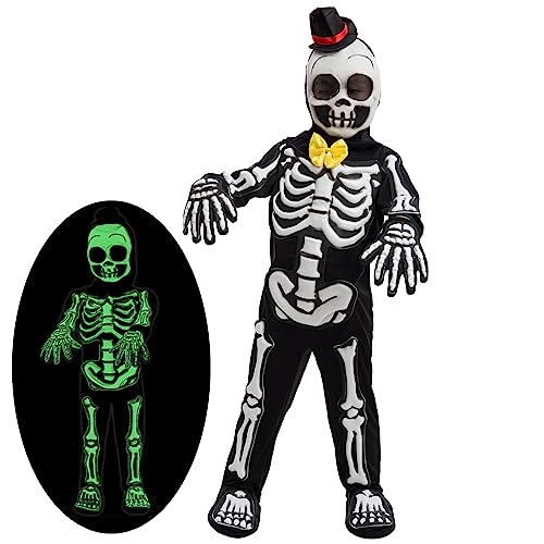 Spooktacular Creations Glows in the Dark Skeleton Costume, Black Skelebones Jumpsuit, Bone Halloween Costume for Toddler, Kids, Boys-L(10-12yr)