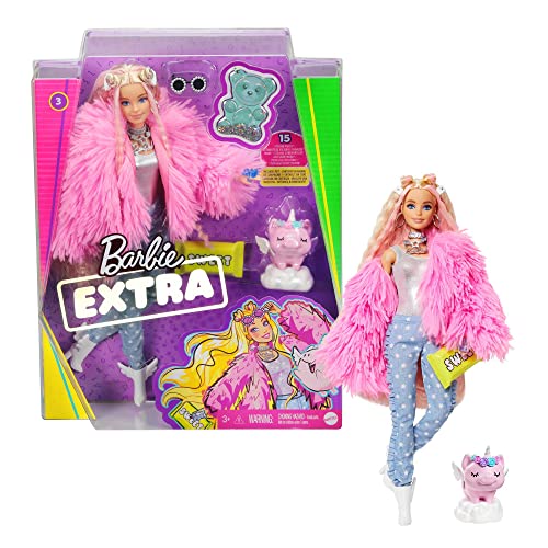 Barbie Extra Doll & Accessories with Pink-Streaked Blonde Crimped Hair in Fluffy Pink Coat with Pet Unicorn-Pig