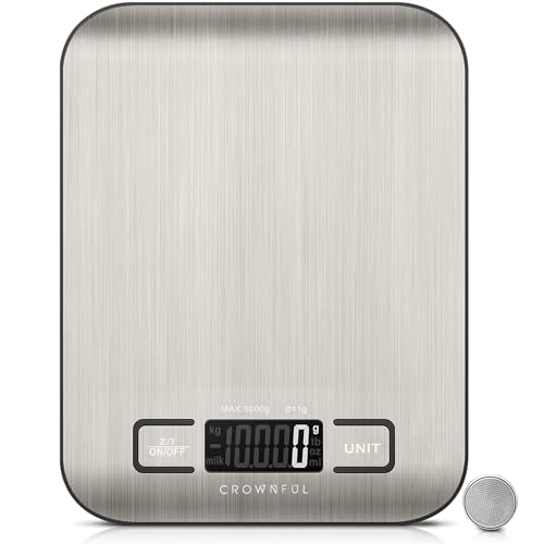 CROWNFUL Food Scale, 11 lb Digital Kitchen Scales with Built-in Coin Battery, Weight Ounces and Grams for Cooking and Baking, 6 Units with Tare Function, LCD Display, 304 Stainless Steel