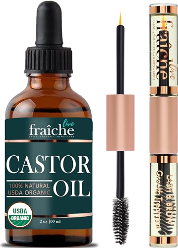 Castor Oil Organic (2oz) + FREE Filled Mascara Tube USDA Certified, 100zz Pure, Cold Pressed, Hexane Free by Live Fraiche. Hair Growth Oil for Eyelashes, Eyebrows, Lash Growth Serum. Brow Treatment