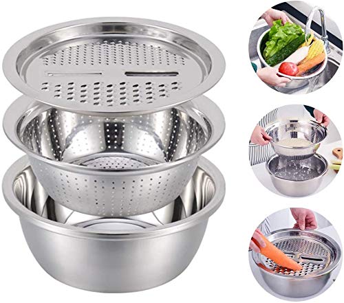 New Stainless Steel Basin with Grater 3 in 1 Vegetable Cutter with Drain Basket 3PCS Vegetable Washing Bowl Set Strainer for Washing Vegetables (26cm)