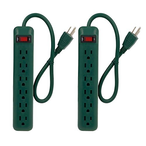 Clear Power 2-Pack 6 Outlet Power Strip with 1.5 ft Short Cord, Straight Plug, 3-Prong Grounded, Green, for Holiday, Home and Office, DC3S-00212P-DC