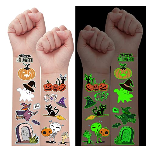 Partywind 10 Sheets Luminous Halloween Temporary Tattoos for Kids, Glow Halloween Decorations Birthday Party Favors Supplies, Halloween Fake Tattoos Goodie Bag Fillers Games Accessories for Party