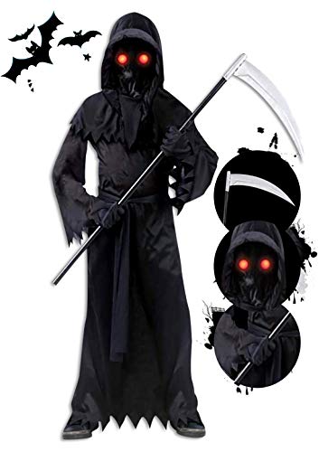 AnNido Grim Reaper Halloween Costume for Kids, Scary Halloween Party Makeup Costumes with Glowing Up Eyes for Boys & Girls