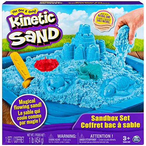 Kinetic Sand, Sandbox Set Kids Toy with 1lb All-Natural Blue and 3 Molds, Sensory Toys for Kids Ages 3 and Up