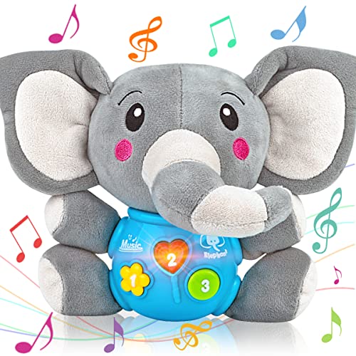 Aitbay Plush Elephant Music Baby Toys 0 3 6 9 12 Months, Cute Stuffed Aminal Light Up Baby Toys Newborn Baby Musical Toys for Infant Babies Boys & Girls Toddlers 0 to 36 Months (Gray)