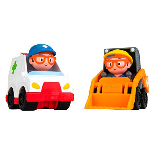 Blippi Mini Vehicles, Including Blippi Skid Steer and Blippi Ambulance, Each with a Blippi Toy Figure Seated Inside, Perfect for Young Children