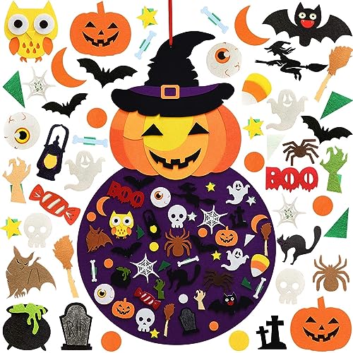 THAWAY DIY Halloween Felt Pumpkin Witch Hanging Decor for Kids Felt Crafts and Kits Adhesive Ornaments Halloween Party Favor Decorations Indoors Outdoors (2.8FT)