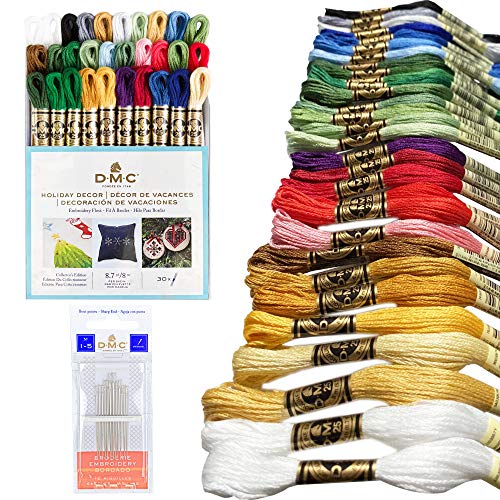 DMC Embroidery Floss Pack,Colorful Holiday Collection,DMC Embroidery Thread, Kit Include 30 Cotton Assorted Color Bundle with DMC Cross Stitch Hand Needles Size 1-5. Premium Embroidery String_Yarn.