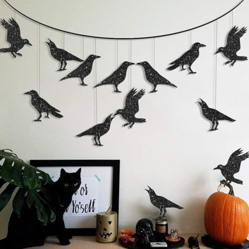 Cheerland Glitter Black Crow Halloween Decorations for Gothic Halloween Wall Stickers Tree Hanging Decoration Bird Raven Banner Garland Backdrop Centerpiece for Theme Birthday Wedding Party Supplies