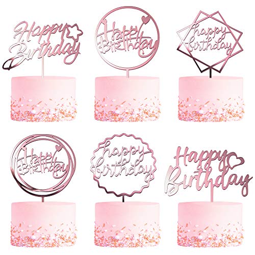 6-Pack Rose Gold Birthday Cake Topper Set, Double-Sided Glitter, Acrylic Happy Birthday Sign Cake Toppers_Cupcake Toppers, Birthday Party Decorations Supplies for Girls and Mom.