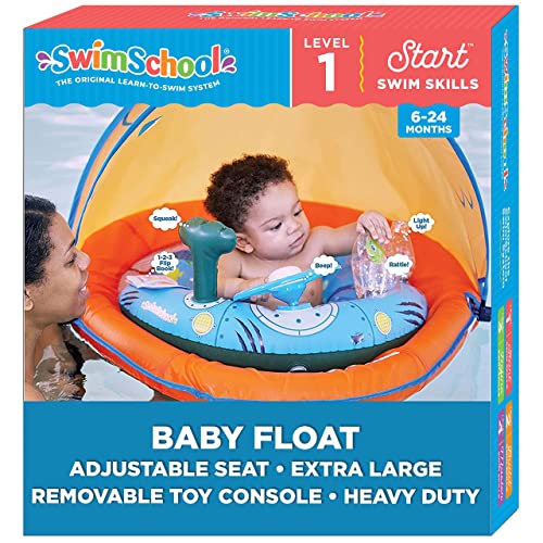 SwimSchool Baby Pool Float with Adjustable Canopy - 6-24 Months - Includes 5-Toy Interactive Play Console Safety Seat - Orange