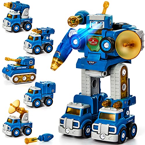 hahaland 5 Year Old Boy Gift - 5 in 1 STEM Toys for Ages 5-7, Take Apart Trucks Transform to Robot - 5 6 7 Year Old Boy Birthday Gift - Boys Toys Age 4-6