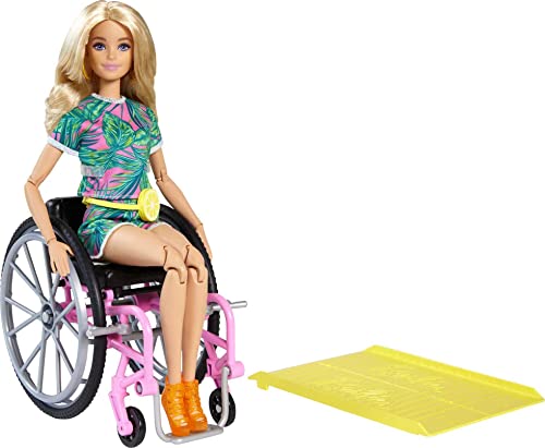 Barbie Fashionistas Doll #165 with Wheelchair and Ramp, Wavy Blonde Hair and Tropical-Print Outfit with Accessories (Amazon Exclusive)