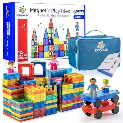 Magnetic Tiles 125 PCS +4 FIGURES, Magnetic Tiles for Kids, Toy for 3 4 5 6 7 8 Year Old Boys & Girls, Magnetic Tiles Building Set, Educational Construction STEM Toy, Great Gift for Kids Aged 3-8