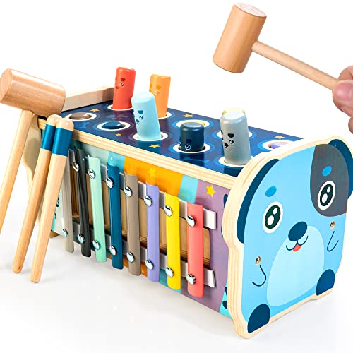 KIDWILL Wooden Hammering Pounding Toy for 12+ Months Kids, Montessori Toys for 1+ Year Old Babies, Early Development Toy with Pounding Bench, Xylophone, Number Sorting Maze, Gifts for Toddlers Age 1-2