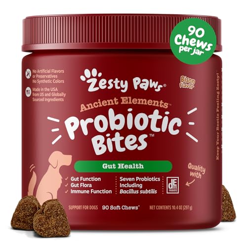 Zesty Paws Probiotics for Dogs - Digestive Enzymes for Gut Flora, Digestive Health, Diarrhea & Bowel Support - Clinically Studied DE111 - Dog Supplement Soft Chew for Pet Immune System - AE, 90 Ct