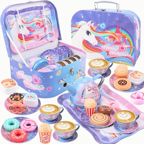 27Pcs Kids Tea Party Set for Little Girls Unicorn Gift Pretend Toy Tin Tea Set & Carrying Case & Food Sweet Treats Playset, Princess Tea Time Kitchen Pretend Play Tea Set Toys