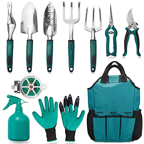 FiveJoy Garden Tool Set, 11 Piece Aluminum Alloy Hand Tool Starter Kit with Garden Bag, Outdoor , Heavy Duty Gardening Work Set with Ergonomic Handle,Gift for Women and Men