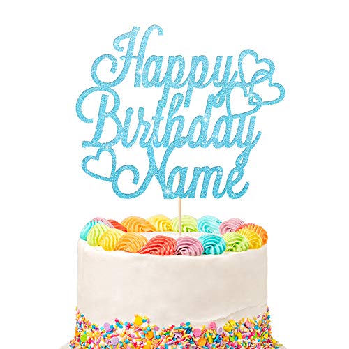 Personalized Happy Birthday Cake Topper | Customized Name Cake Decoration | Double Sided Glitter Card | Baby Blue