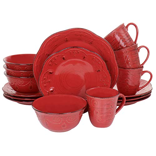 Elama Embossed Scalloped Round Stoneware Dinnerware Dish Set, 16 Piece, Red with Brown Accents