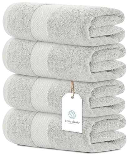 White Classic Luxury Bath Towels Set of 4 Large - 700 GSM Cotton Ultra Soft Bath Towels 27x54 | Highly Absorbent and Quick Dry | Hotel Towels for Bathroom Luxury, Plush Shower Towels, Silver