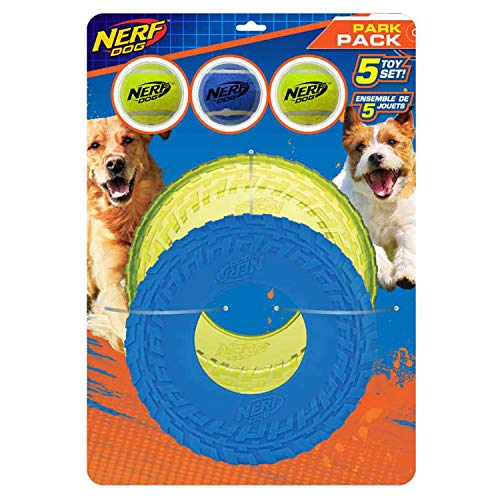 Nerf Dog 5-Piece Dog Toy Gift Set, includes 2.5in Squeak Tennis Ball 3-Pack, 10in Translucent TPR Tire Flyer, and 10in TPR Tire Flyer, Nerf Tough Material, Green and Blue