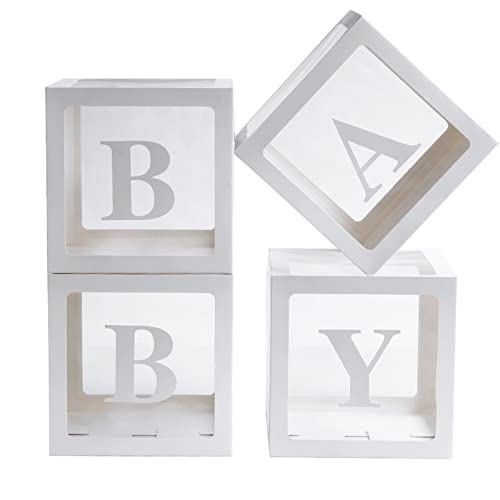 DUBEDAT Baby Boxes with Letters for Baby Shower,4 Pcs Clear Balloon boxes with16 Letters Transparent Baby Shower Decorations Block Boxes for Birthday,Gender Reveal,Wedding，Reusable Favors In Gift box