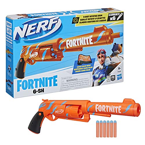 NERF Fortnite 6-SH Dart Blaster - Camo Pulse Wrap, Hammer Action Priming, 6-Dart Rotating Drum, Includes 6 Official Elite Darts